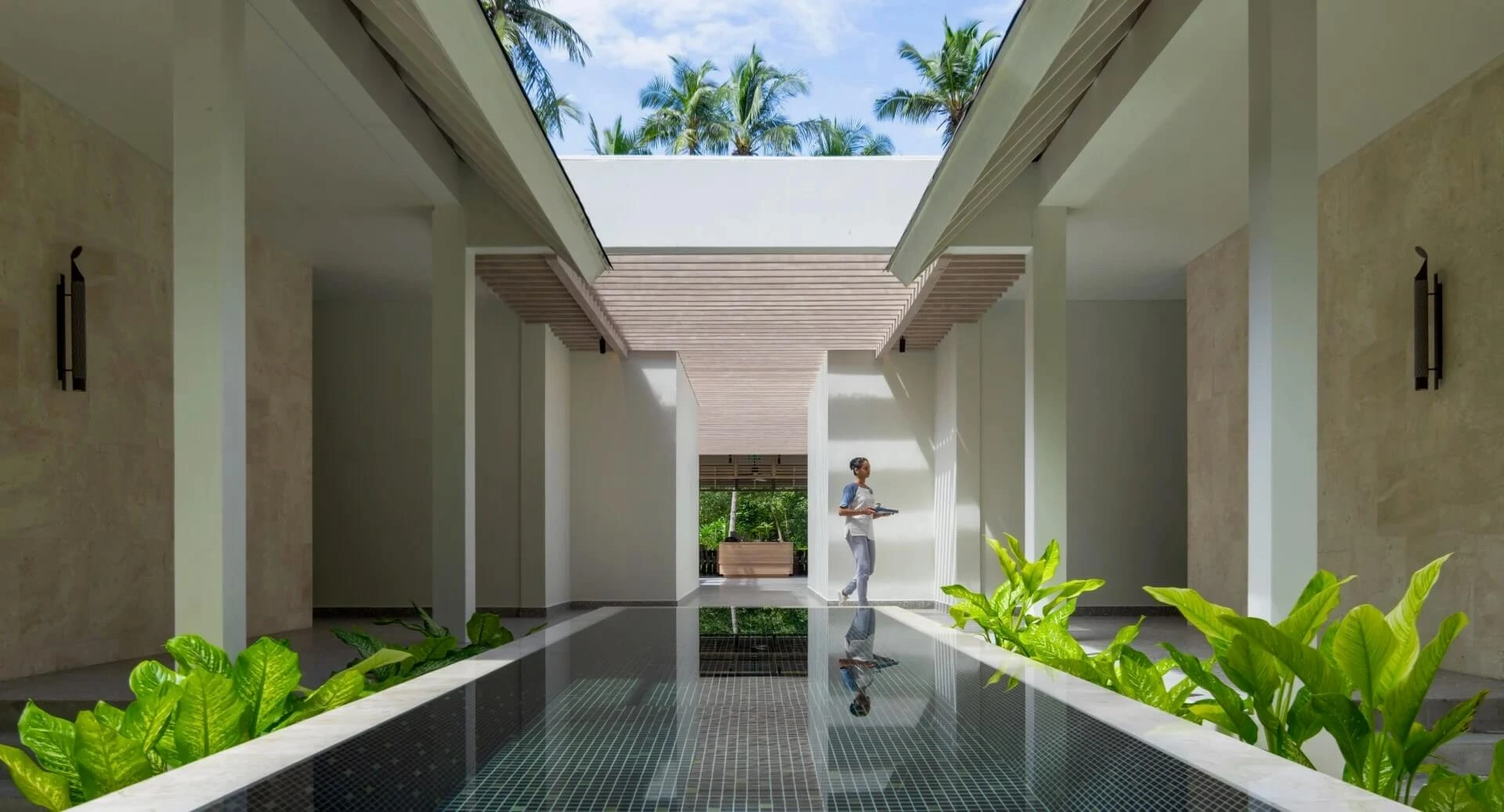 Spa entrance with reflecting pool